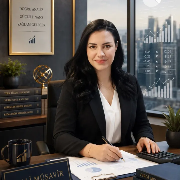 SMMM Sinem Yavuz, ofisinde vergi mevzuatı kitapları ve mali tablolarla birlikte