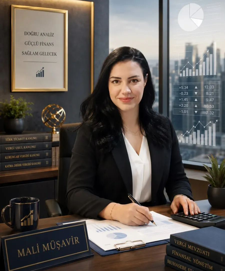 SMMM Sinem Yavuz, ofisinde mali tablolar ve vergi mevzuatı kitaplarıyla birlikte